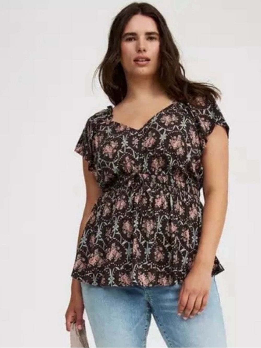 Torrid NWT Black Floral V-Neck Blouse with Blush Roses